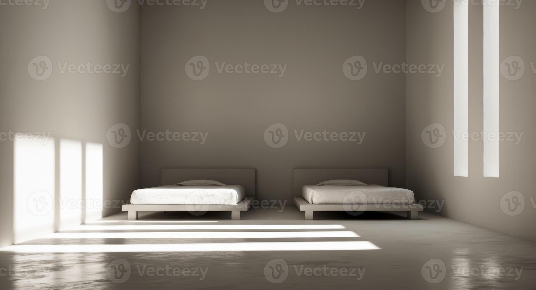 Two beds in a room with white walls and a window photo