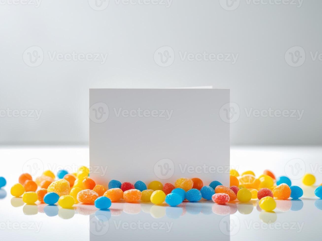 A white card with colorful candies on a table photo