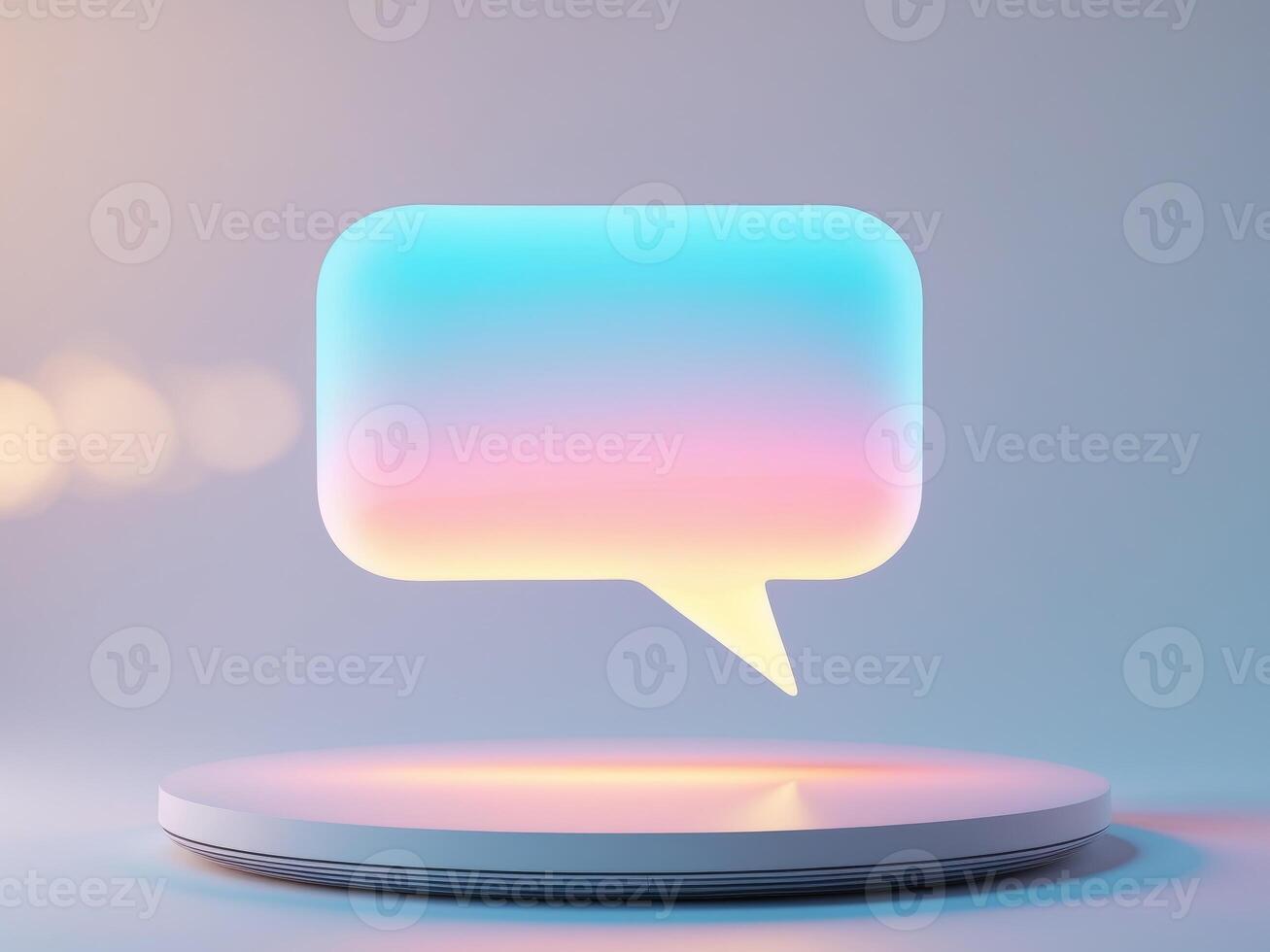Speech bubble on pedestal with pastel gradient, communication concept message icon. photo