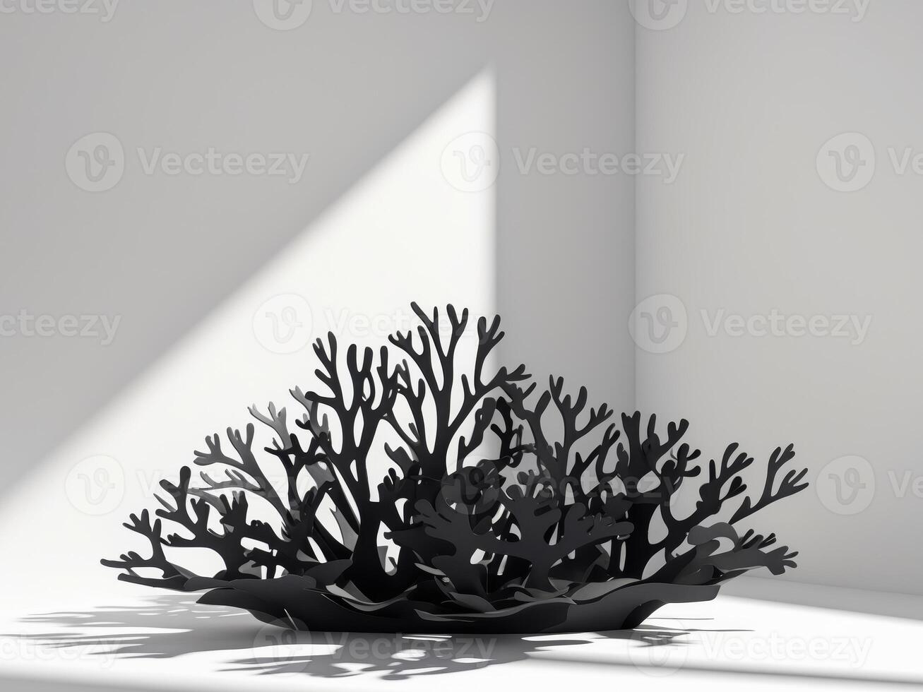 Black Abstract Sculpture with BranchLike Forms in a Minimalist White Space, Shadows photo