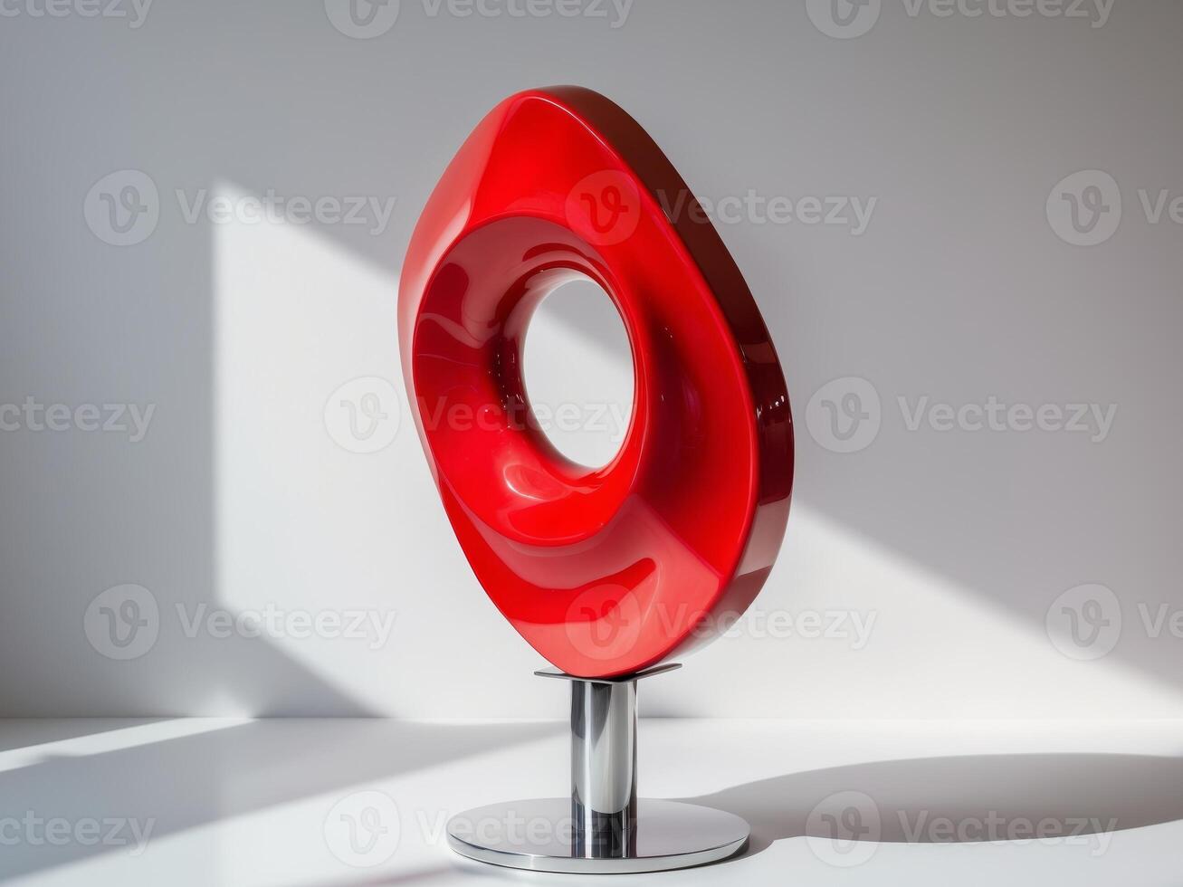Modern Red Sculpture on Chrome Stand with Reflected Light and Shadow Play, Elegant Art. photo
