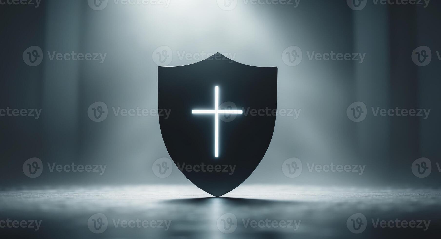Shield with Glowing Christian Cross Symbol, Protection and Faith, Religious Concept. photo