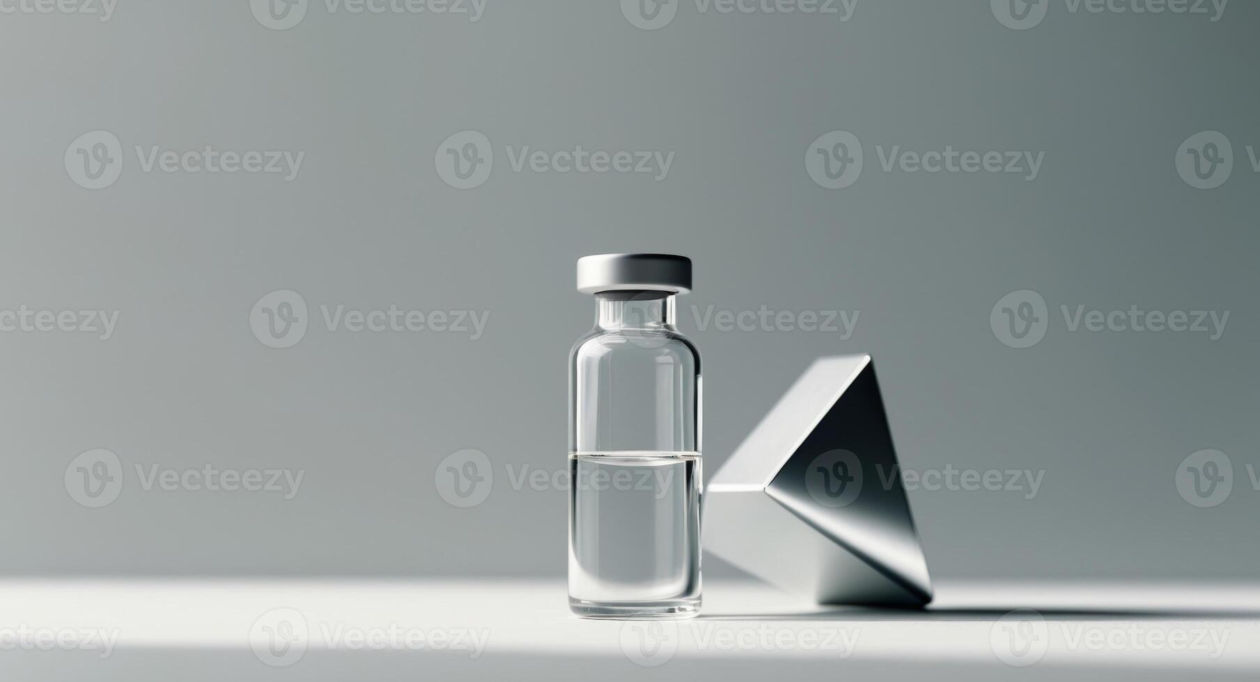Pharmaceutical Vial and Modern Metallic Geometric Form. Product Presentation. photo