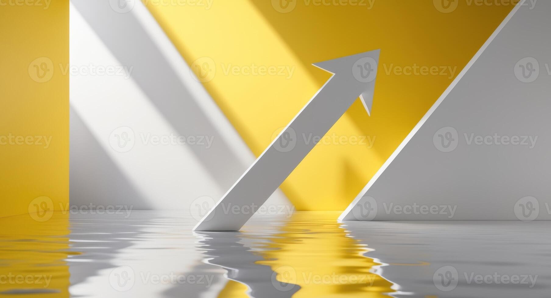Abstract White Arrow Rising in Yellow and White Room with Water Reflection. photo