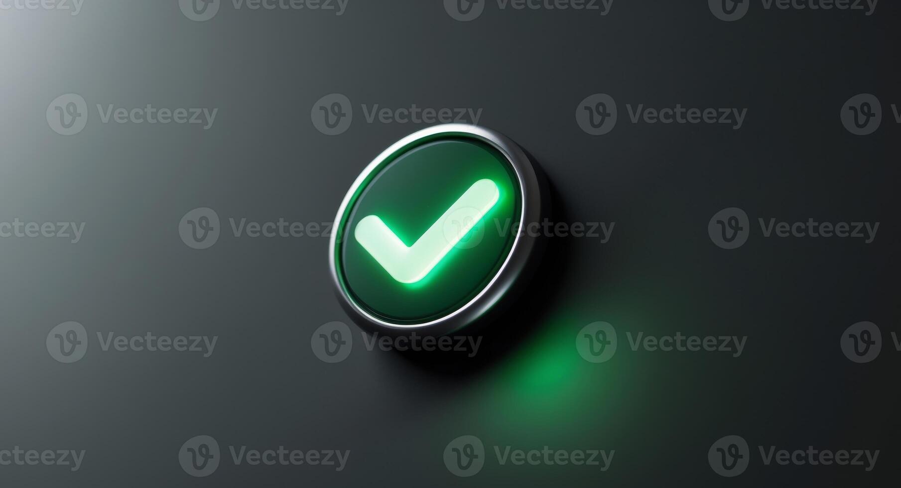 Green Glowing Check Mark Button with Silver Frame on Dark Background Illustration. photo