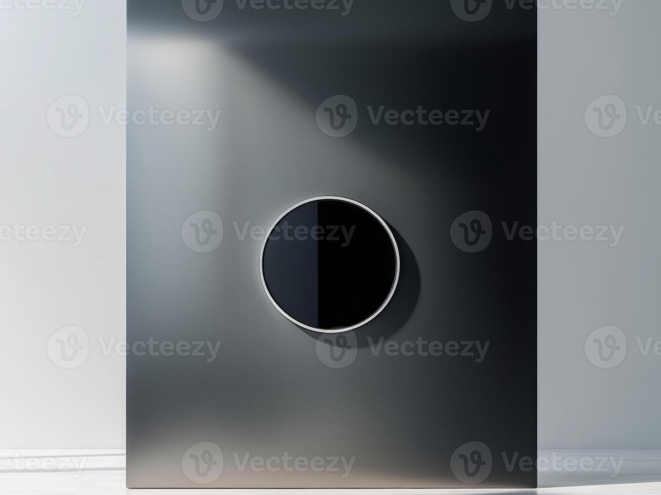 Minimalist Interior Scene with a Round Mirror on a Grey Wall and Light Beam. photo