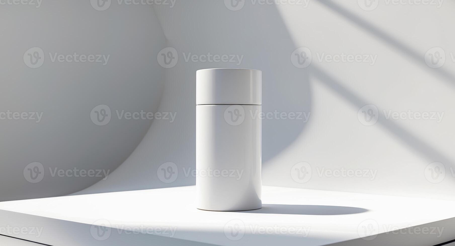 Sleek White Cosmetic Container Mockup on a Minimalist Platform Clean Aesthetic photo