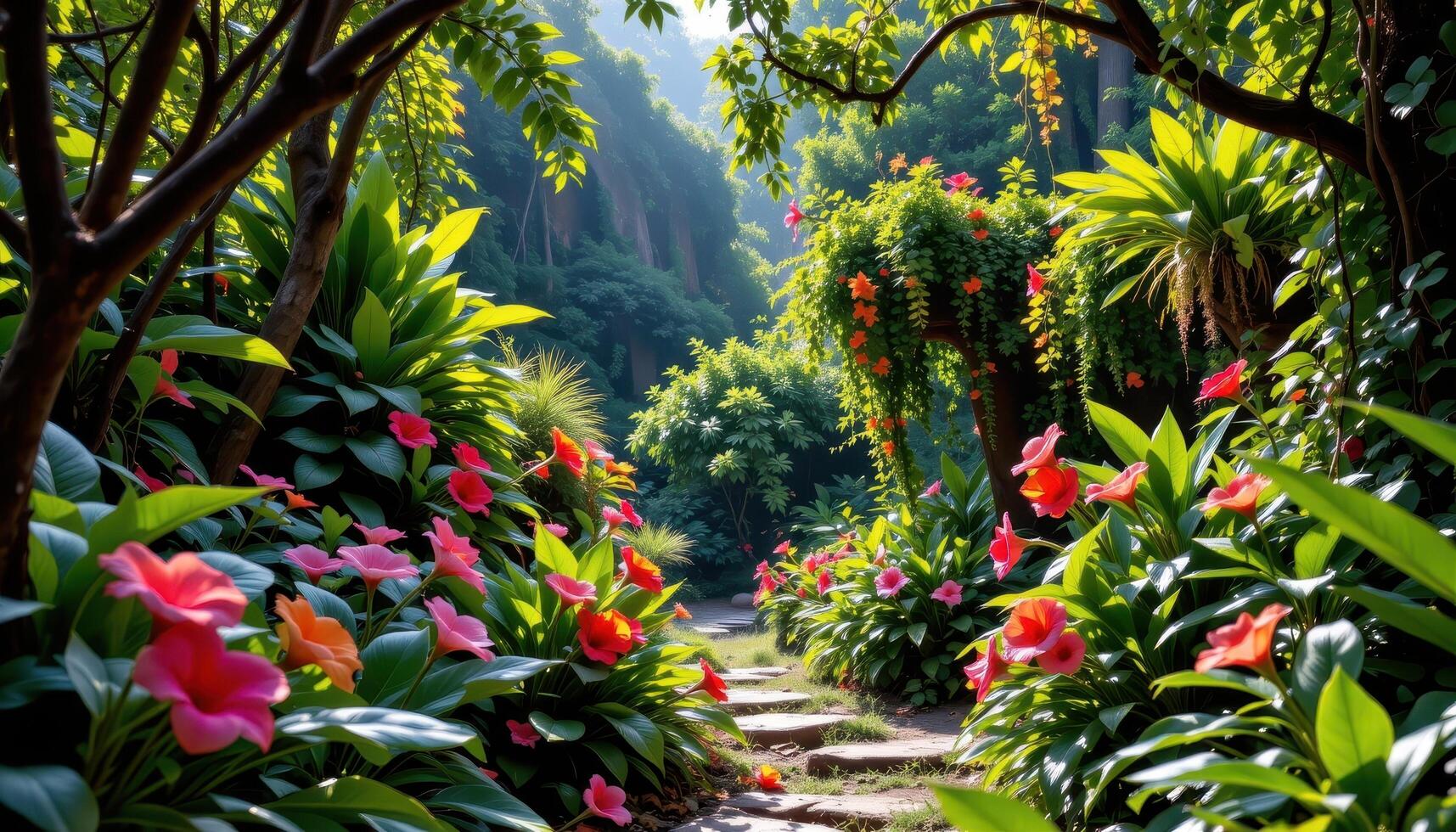 a jungle clearing filled with exotic flowering plants, vines, and brilliant colors beneath dappled canopy light. photo