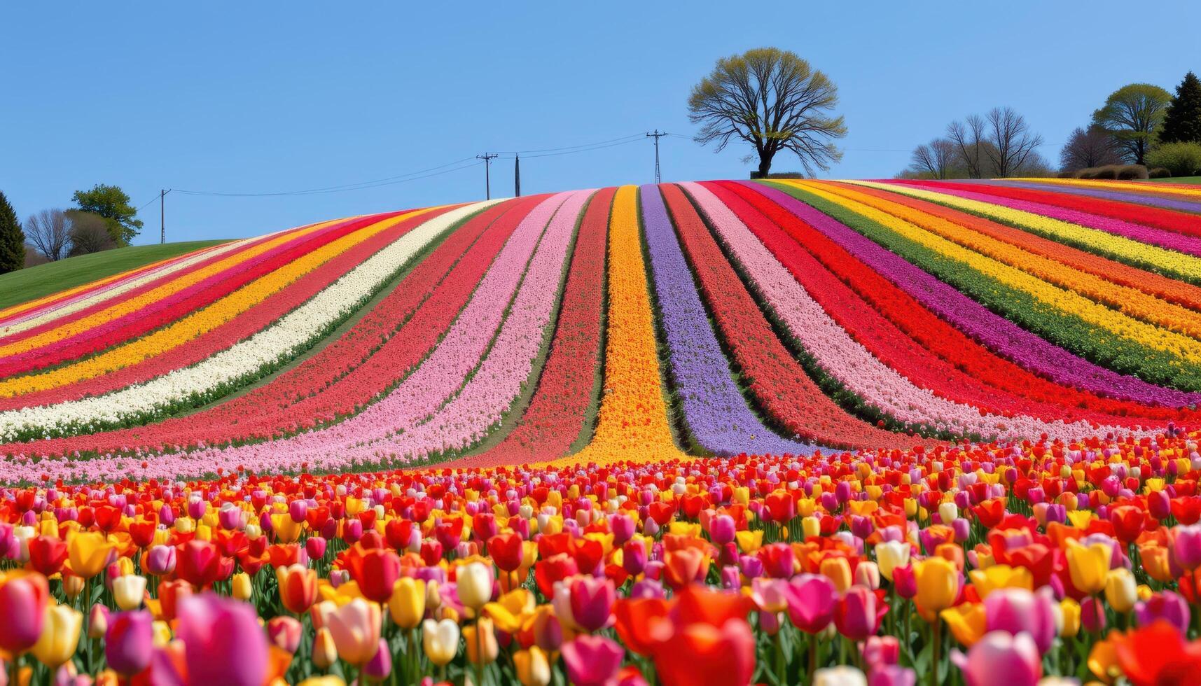 a broad hill covered with thousands of blooming tulips arranged in sweeping rainbow colored stripes. photo