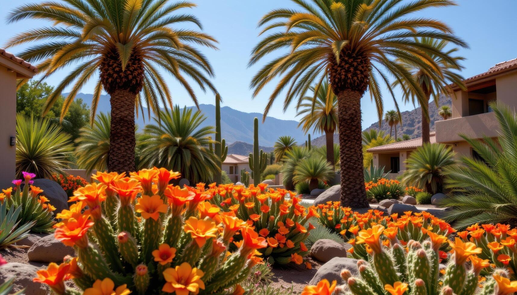 a desert oasis where rare cactus flowers bloom in brilliant reds and oranges beneath towering palm trees. photo