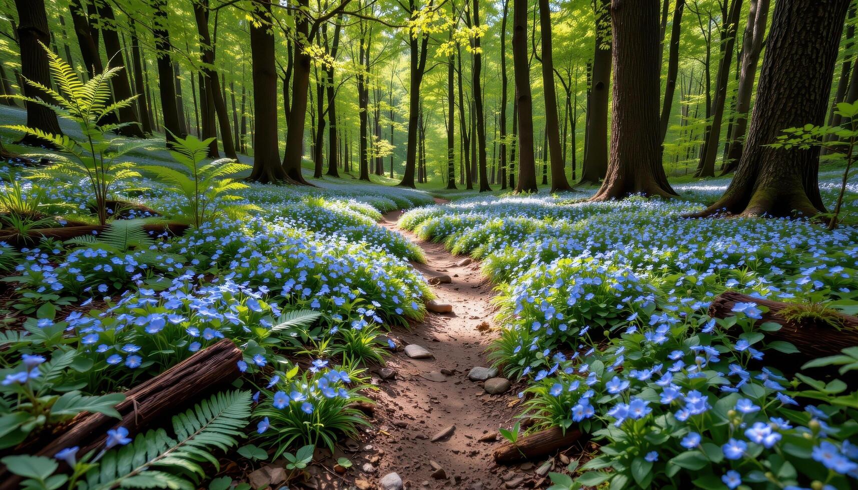 a narrow woodland trail lined with soft ferns and intermittent patches of forget me nots blooming beneath towering trees. photo