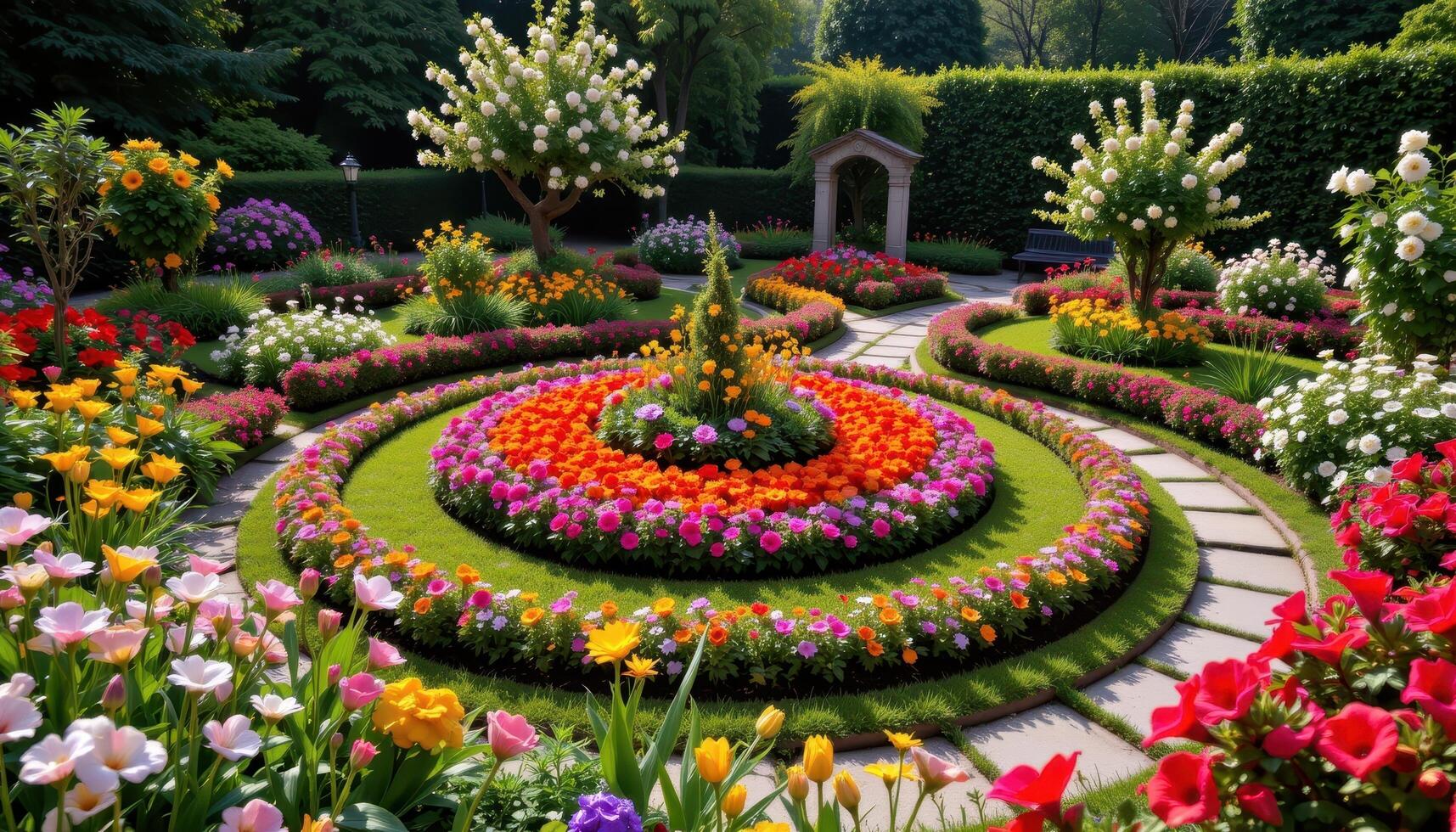 a lush botanical garden arranged in concentric circles of colorful seasonal flowers, with stone pathways winding through. photo
