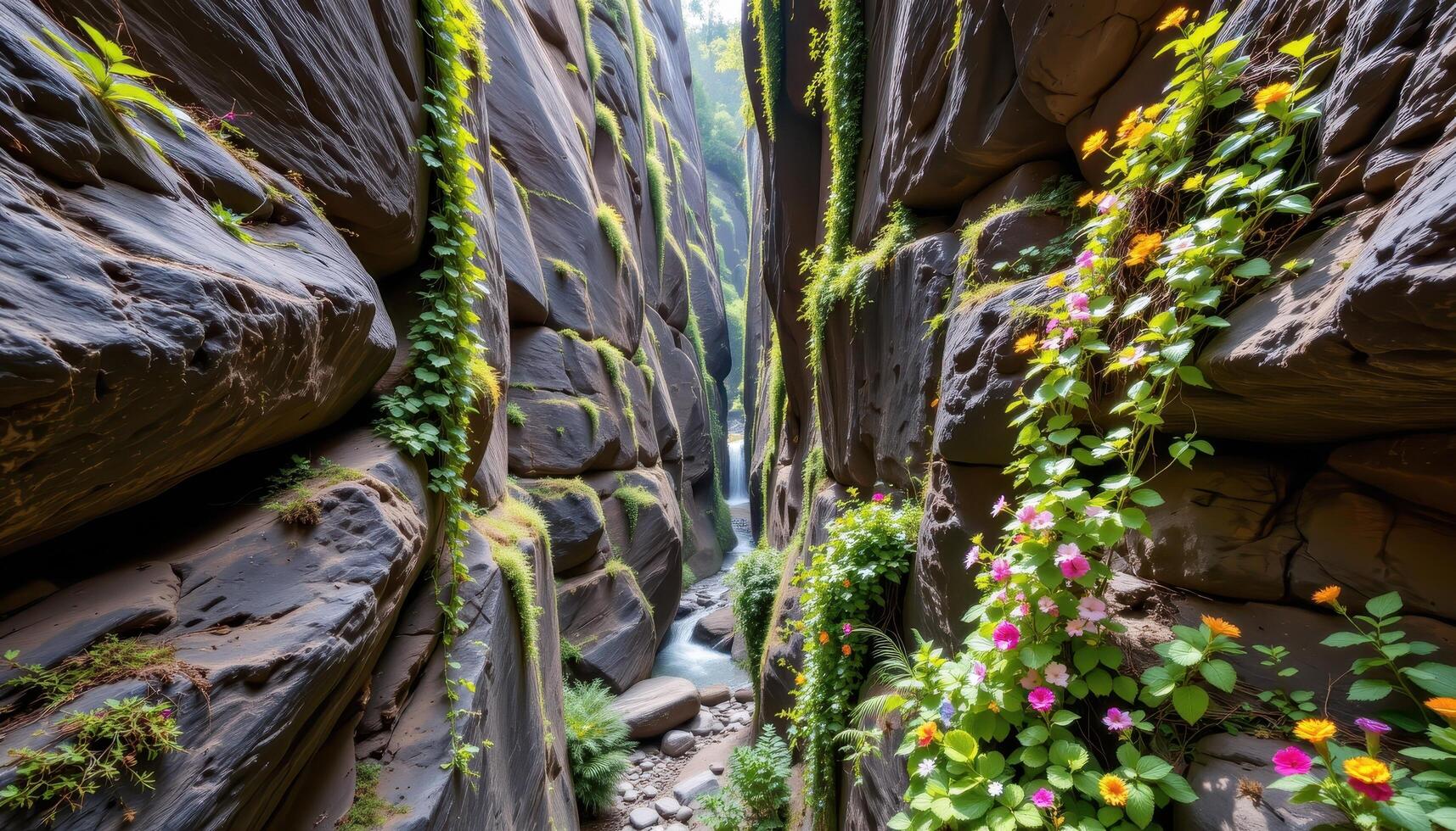 a narrow canyon with vertical rock faces covered in hanging vines and colorful wildflowers clinging to every crevice and ledge. photo