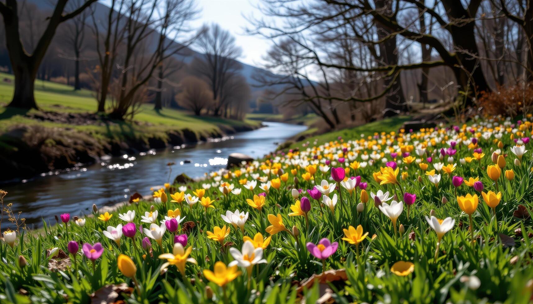 a spring meadow beside a river where patches of crocus, daffodils, and tulips bloom wildly in no particular order. photo