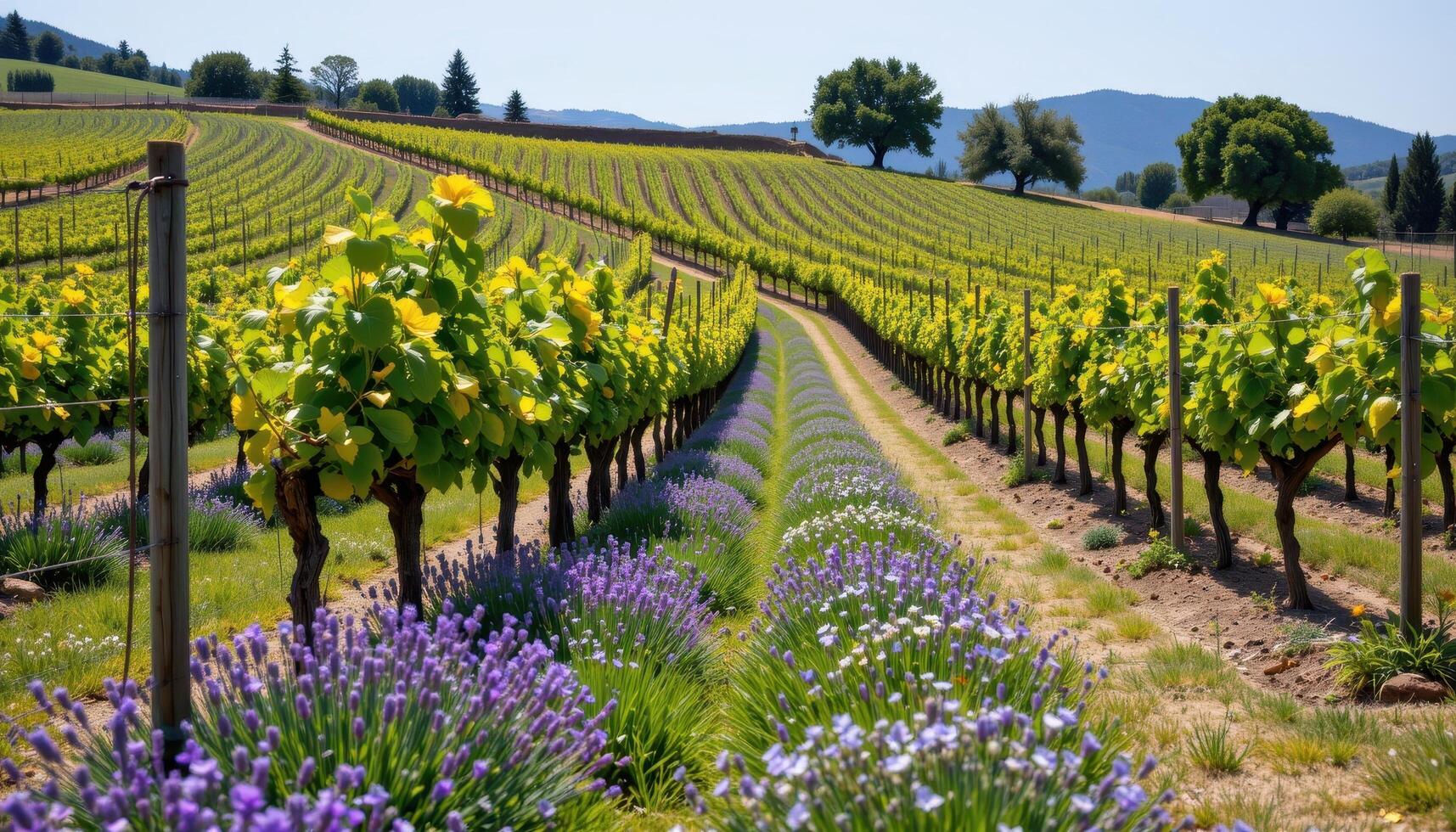 a sloping vineyard with flowering ground cover between the vines, bordered by rows of lavender and olive trees. photo