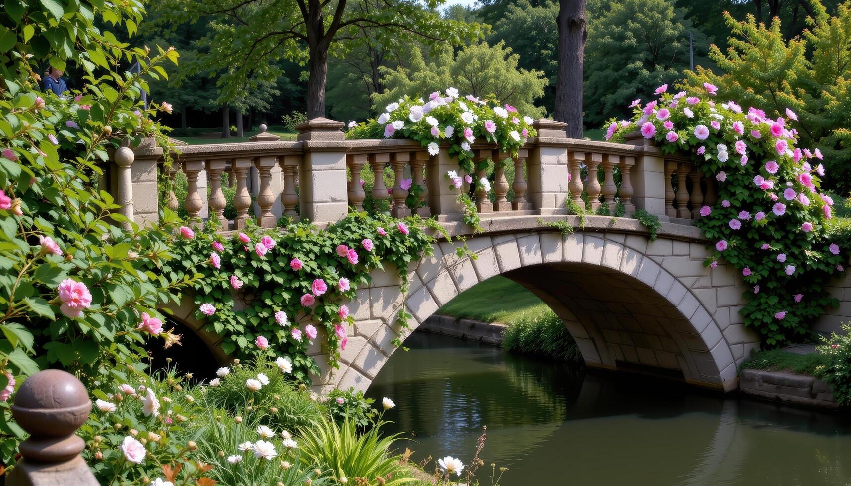 a stone bridge crossing a river, with flowering vines wrapped around the railings and spilling over the sides. photo