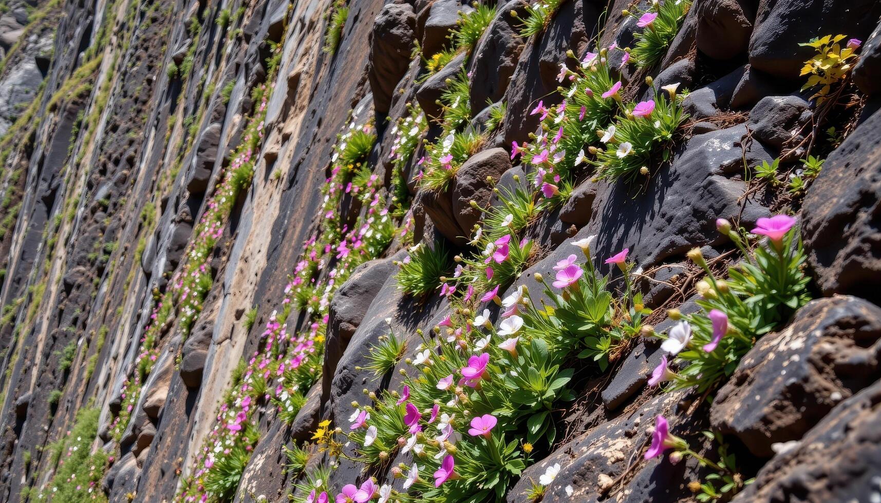 a steep canyon wall dotted with tough mountain flowers clinging to every small crack and rocky ledge. photo