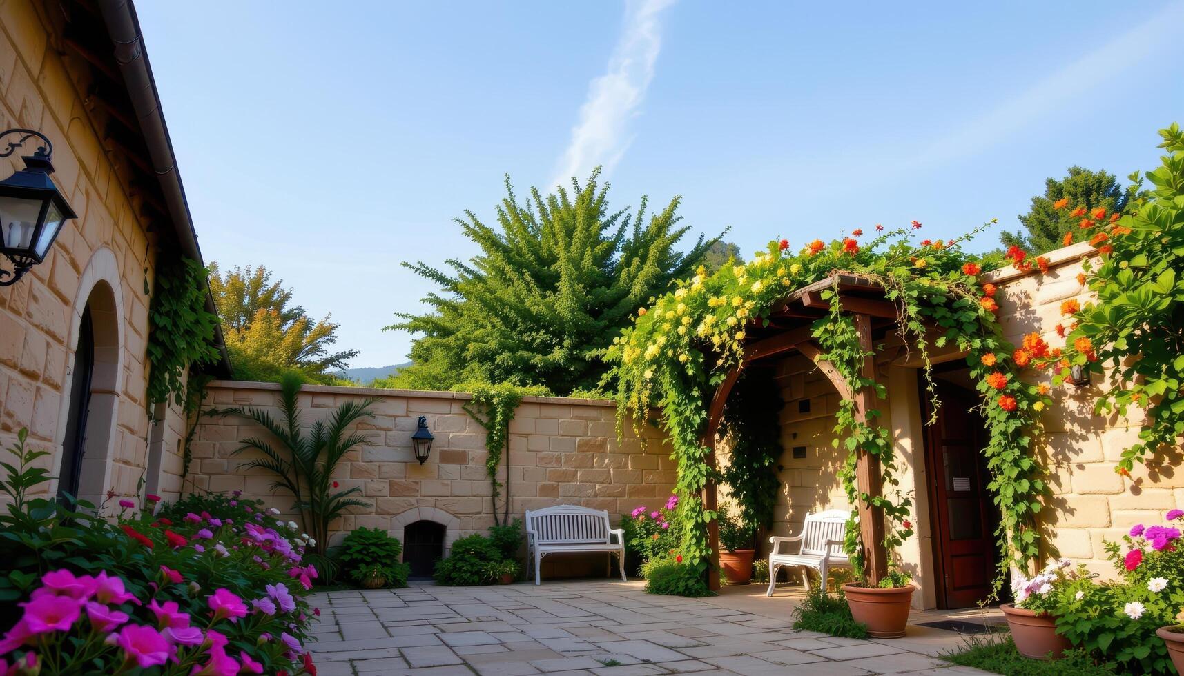 a peaceful stone courtyard where climbing vines and bright flowers weave through wooden trellises beneath a soft blue sky. photo
