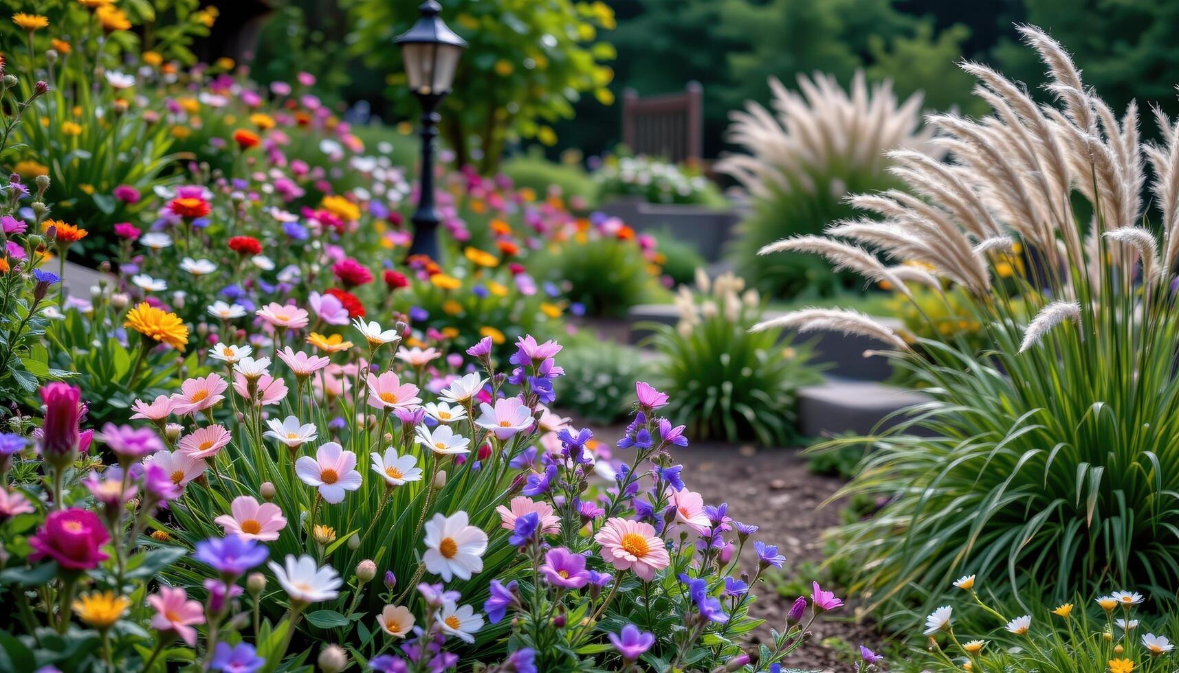 a gentle hillside garden filled with bellflowers, salvia, and softly waving ornamental grasses. photo
