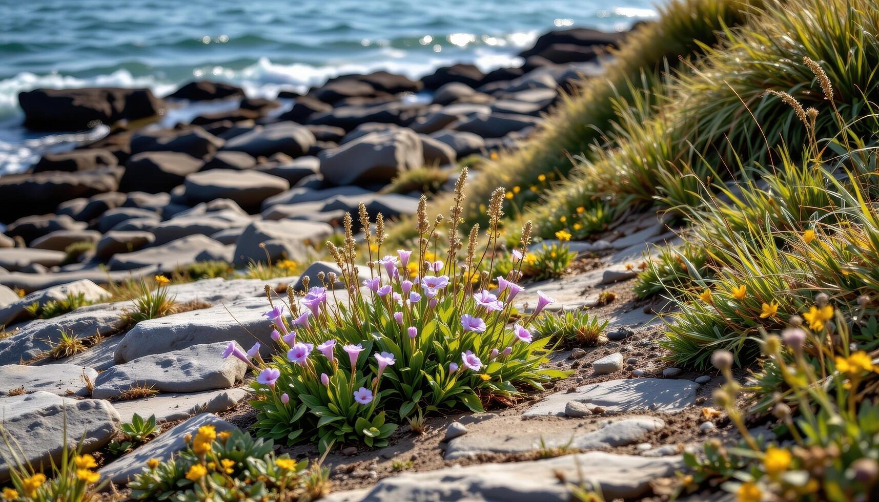 a rocky coastline where hardy blooms rise between sea washed stones and salt tolerant grasses. photo