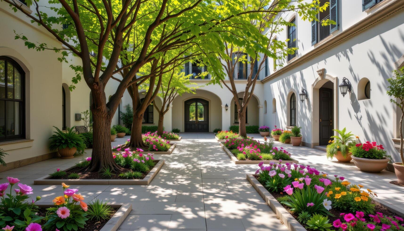 a tree shaded courtyard with flower beds built into the floor, blooming under scattered sunlight. photo