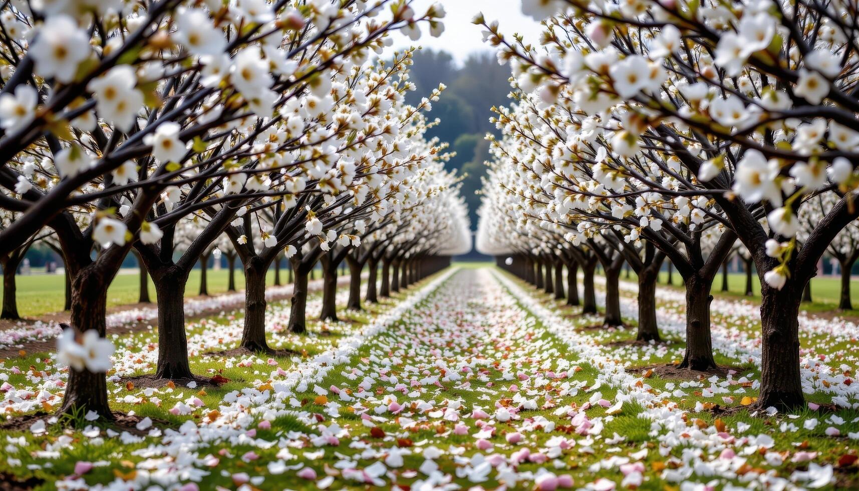 a quiet space between rows of flowering plum trees where soft petals gather like snow on the ground. photo