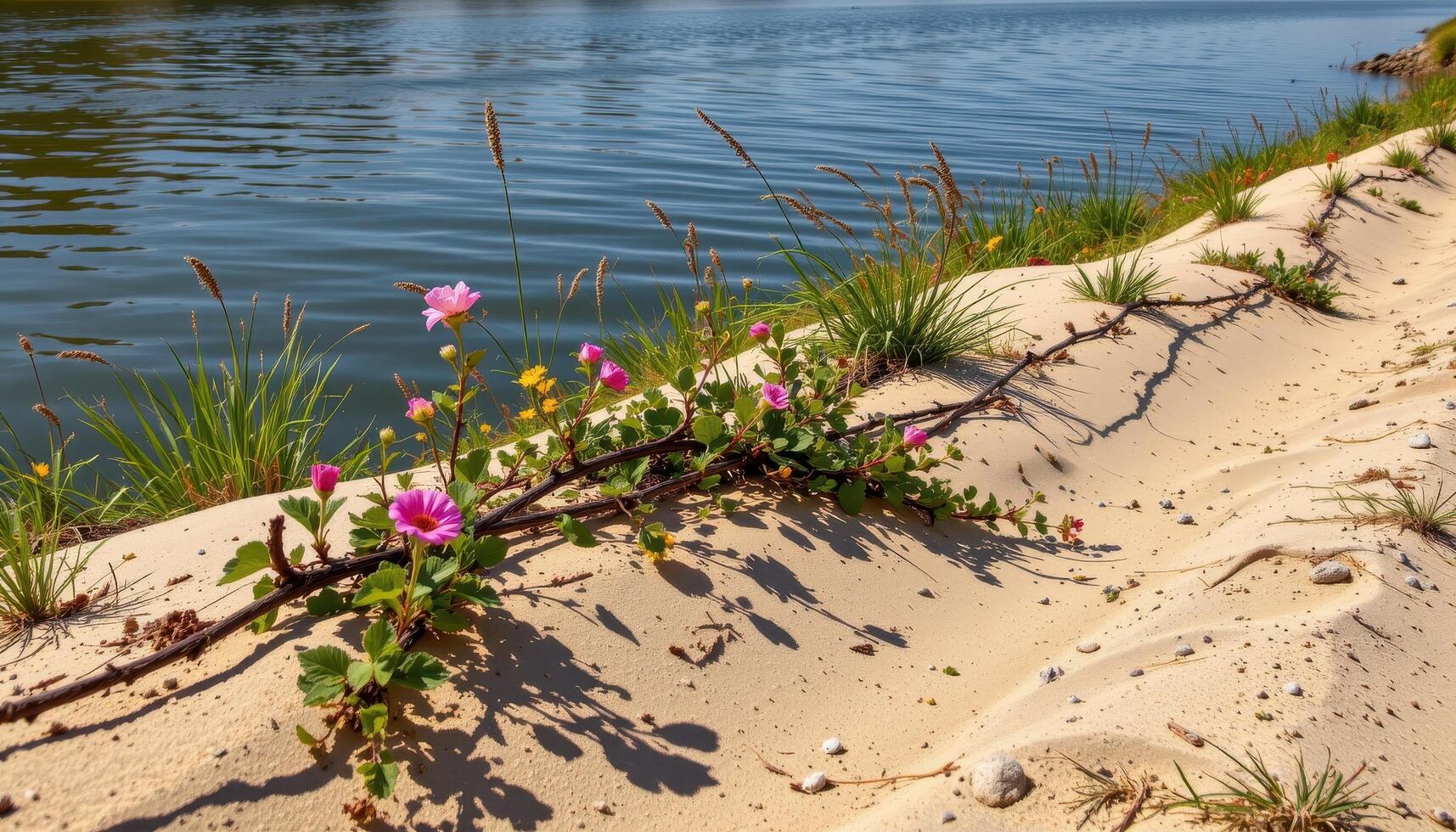 a sandy riverbank where flowering vines creep across the edge toward the water. photo