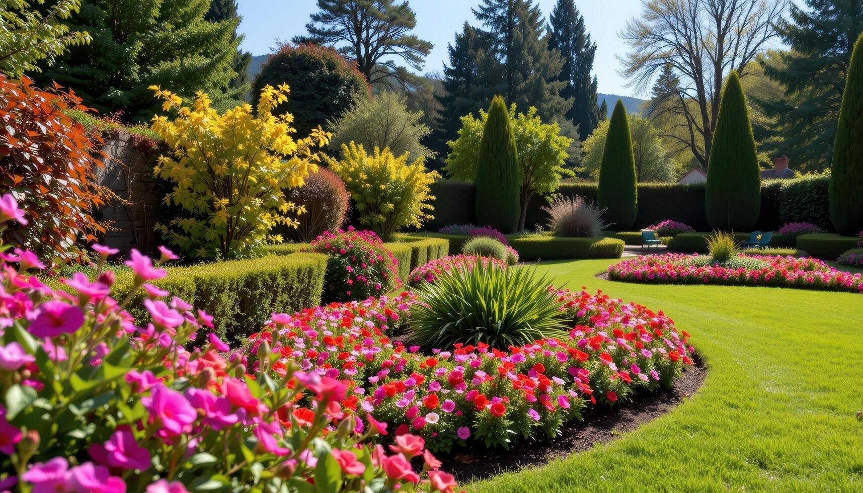 a crescent shaped garden bordered by flowering shrubs and layered flower beds that follow the curve. photo