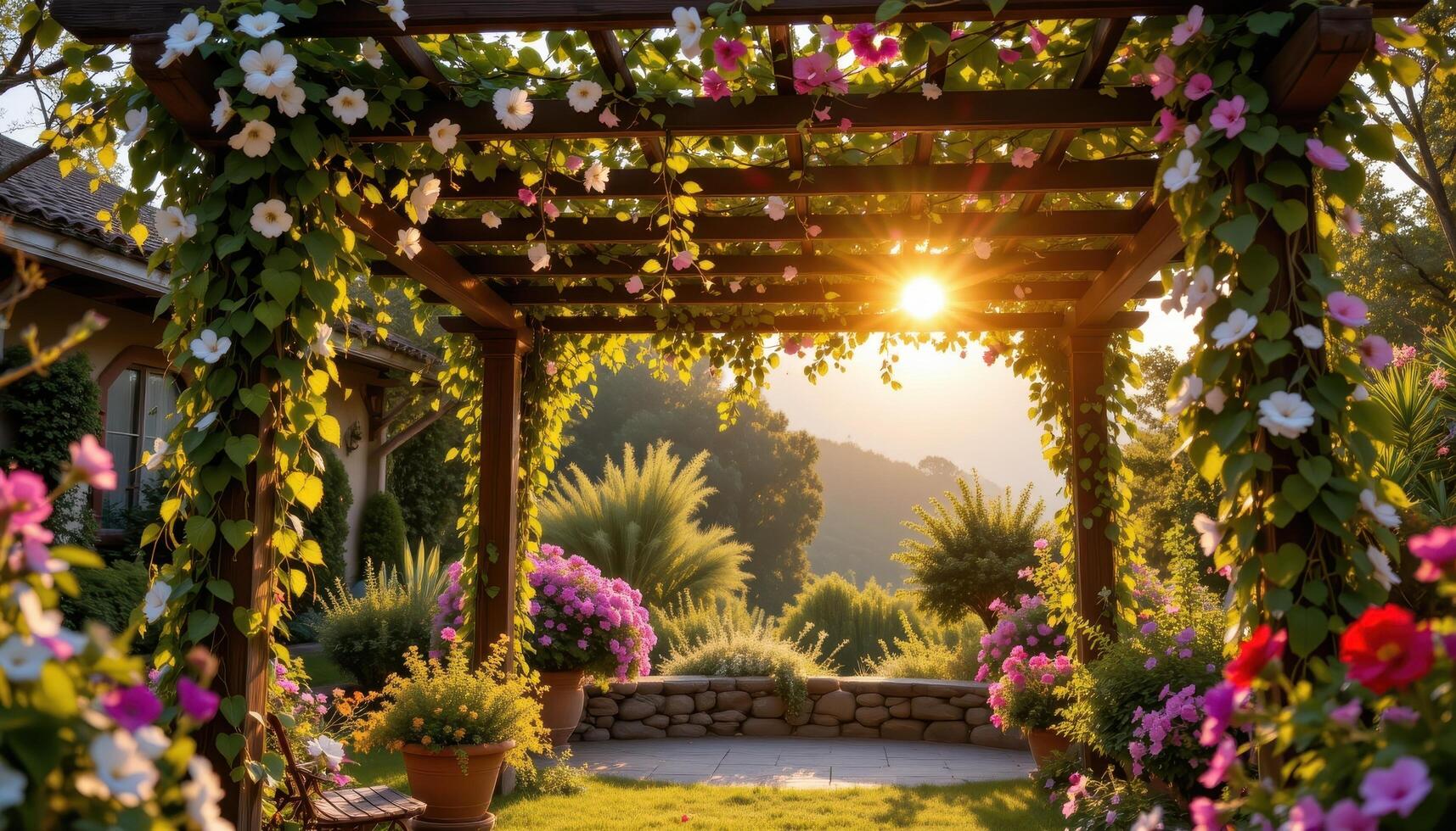 a shaded pergola draped with cascading vines and flowers that glow with golden light in the afternoon sun. photo
