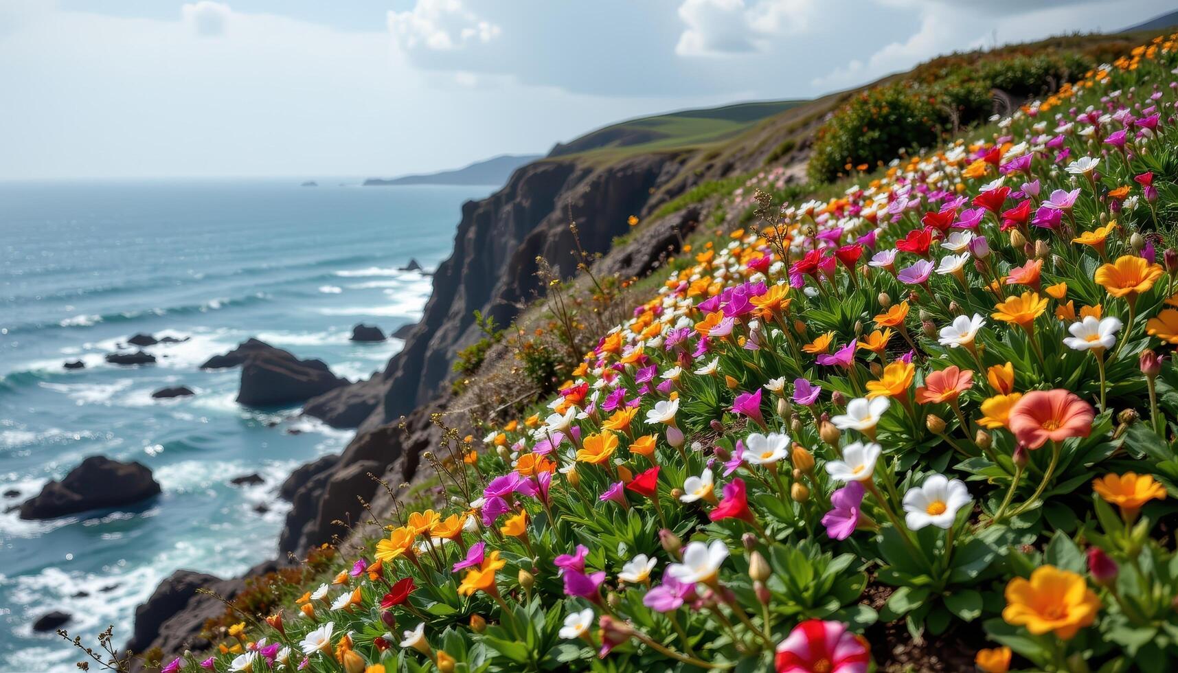 a windswept garden on a cliff where flowers bloom sideways from the ocean gusts. photo