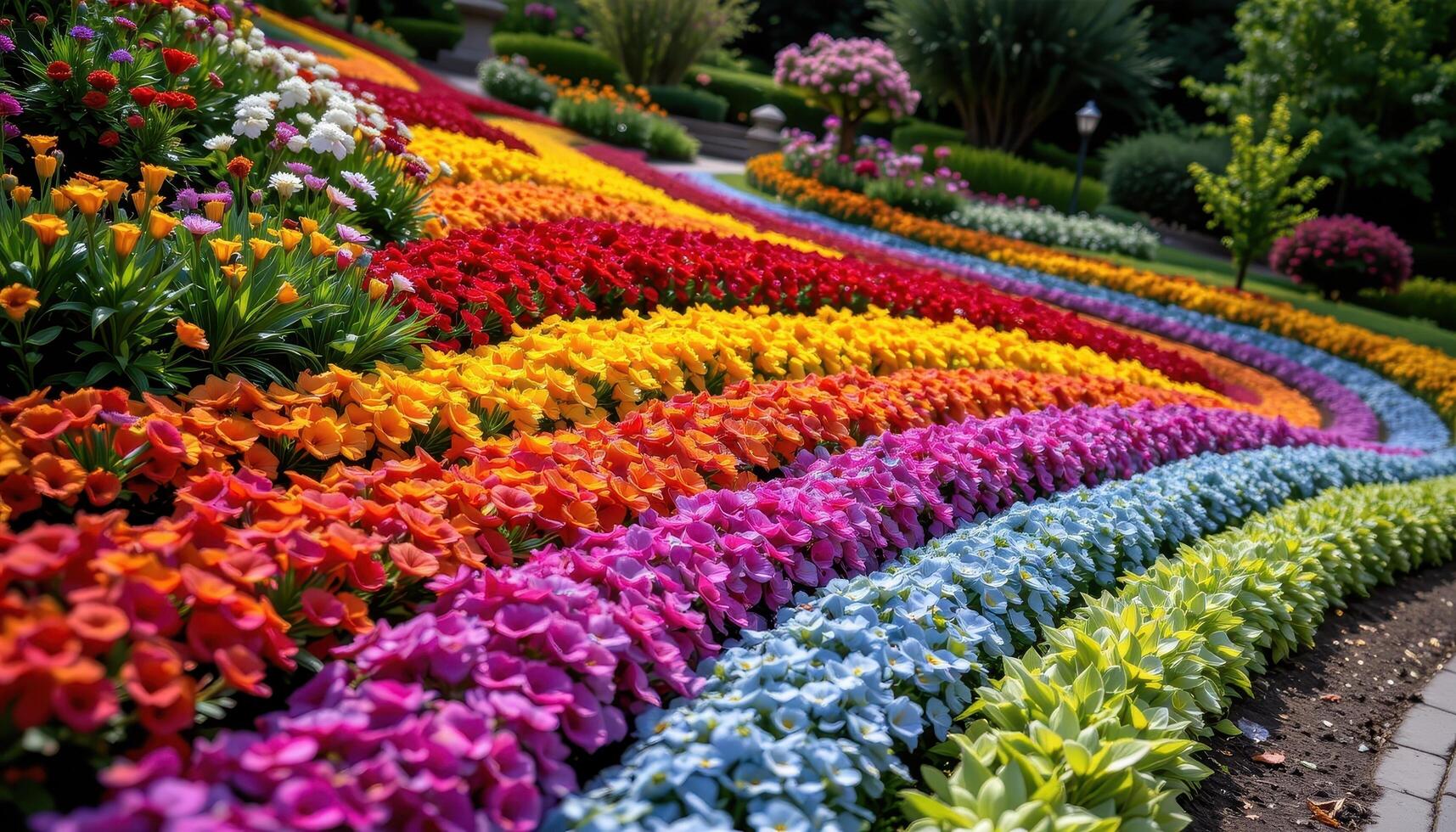 a sloping garden that mimics a rainbow with layers of colored blooms stretching from edge to edge. photo