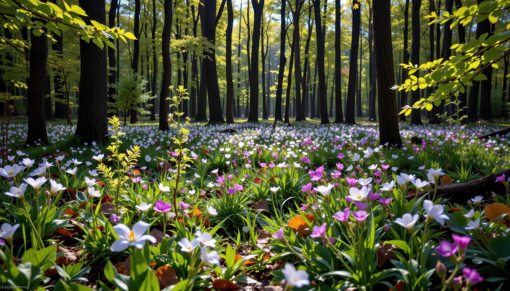 a small patch of forest where sunlight breaks through to a blooming understory of woodland flowers. photo