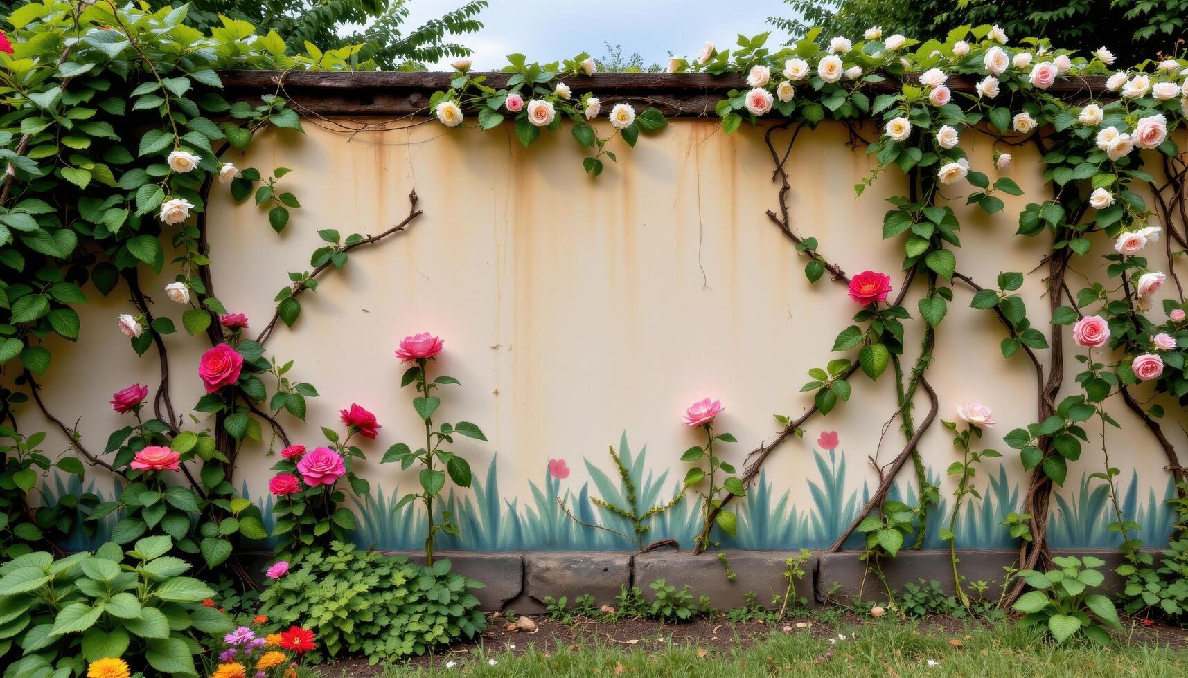 a garden wall painted by nature with climbing roses and blooming vines weaving upward. photo