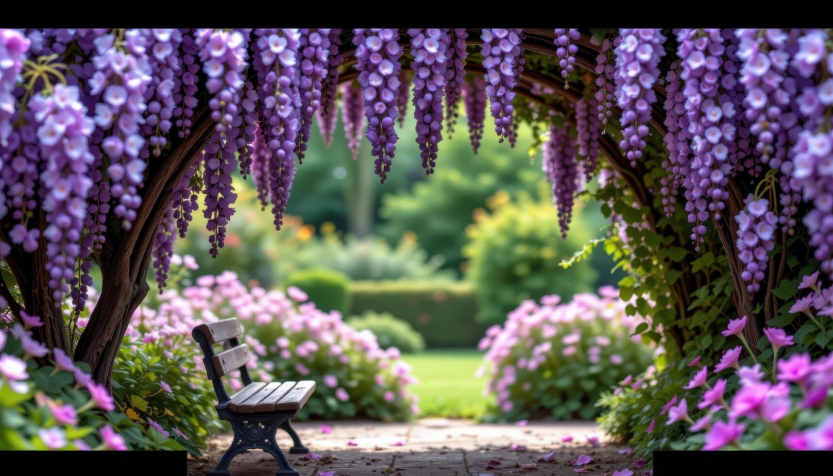 a quiet bench beneath an arch of wisteria dripping with violet blooms. photo