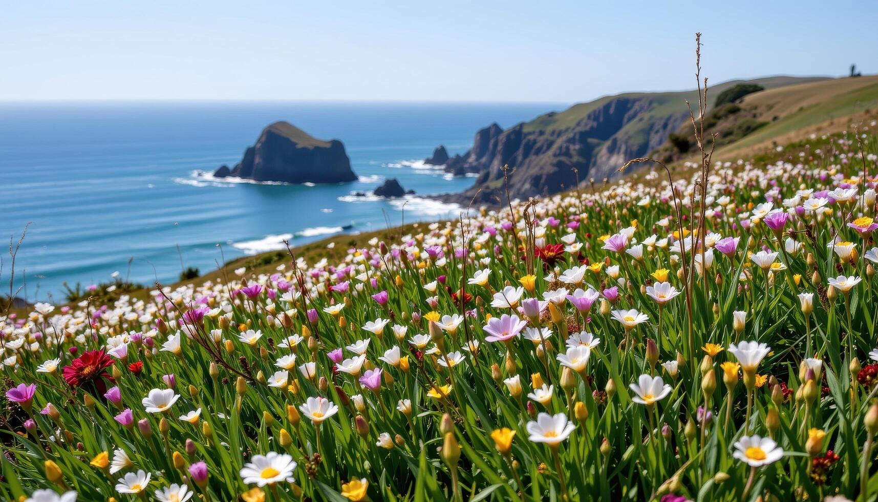 a grassy hill overlooking the ocean, blanketed in flowers that seem to dance with the sea breeze. photo