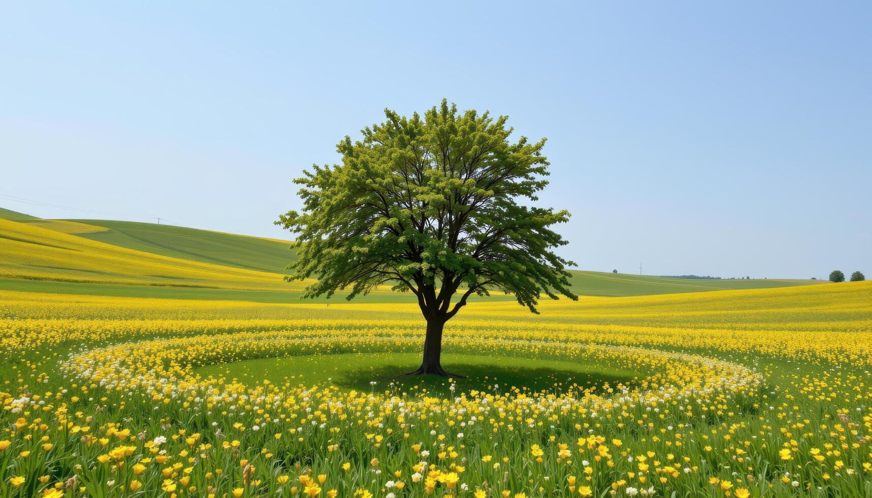a lone tree standing in a circular field of wildflowers, surrounded by silence and soft wind. photo