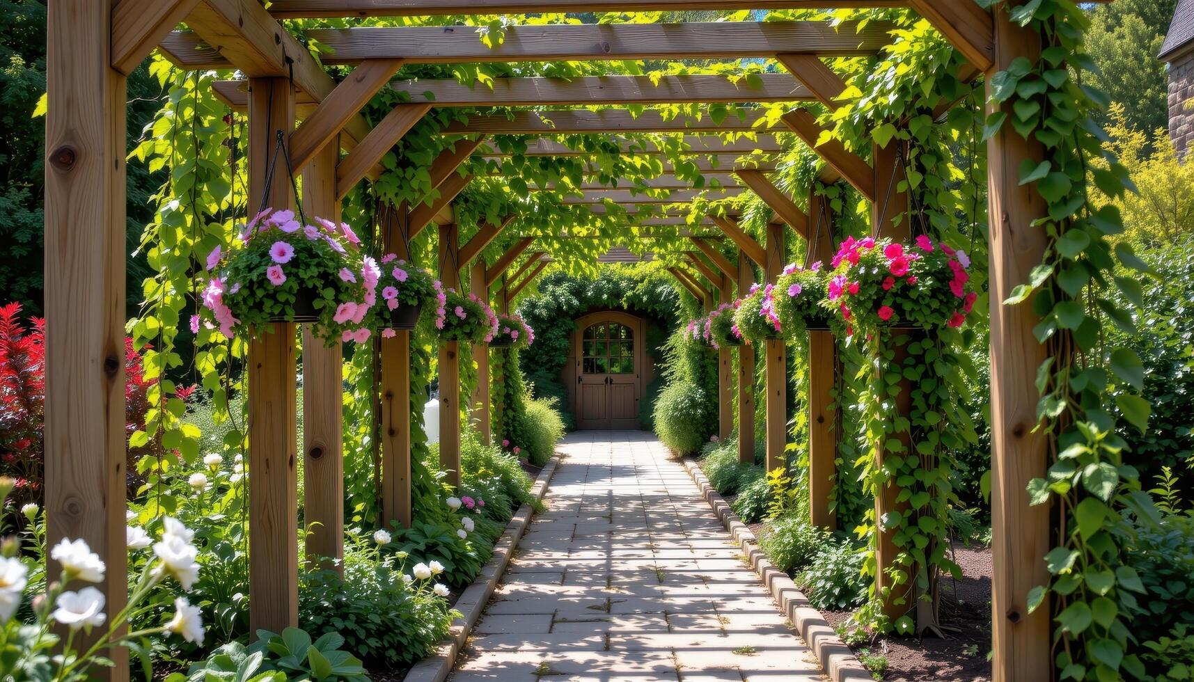 a wooden trellis walkway shaded by hanging flower baskets and creeping vines. photo