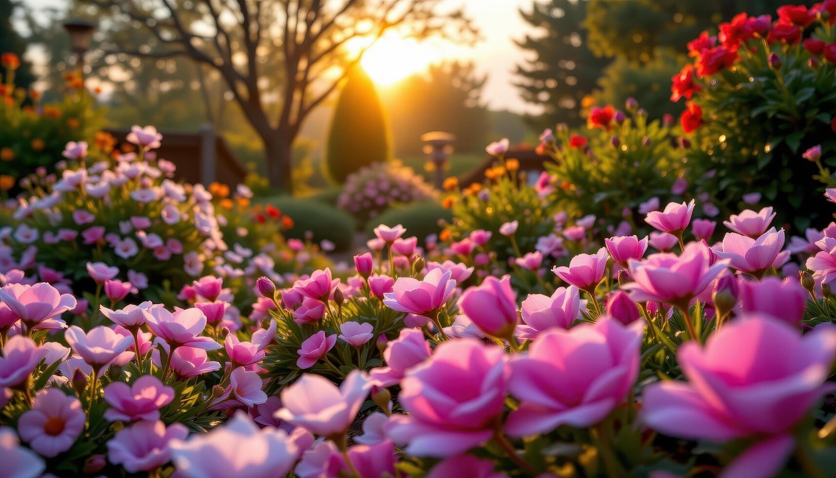 a sunrise lit garden where petals glisten with dew and fragrance fills the warming air. photo