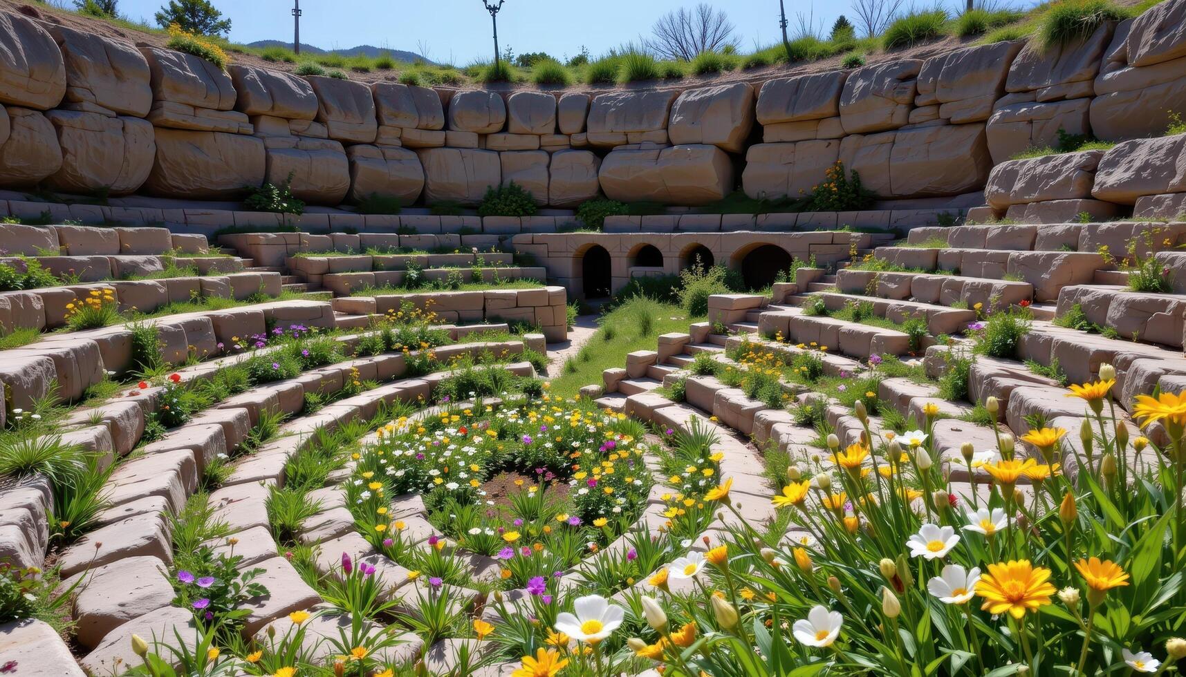 a natural amphitheater of rock where wildflowers bloom in the cracks and crevices of each ledge. photo