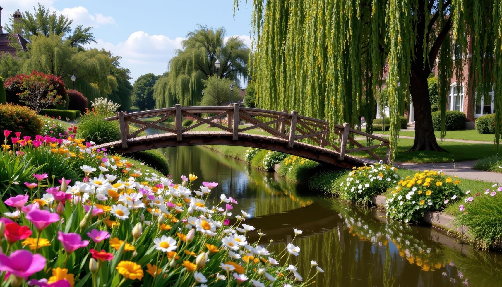 a wooden bridge crossing a flower filled canal surrounded by weeping willow trees. photo