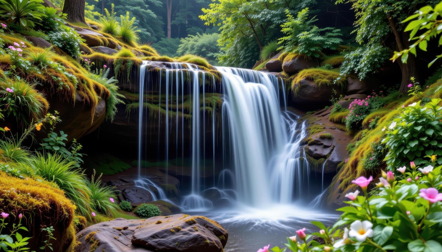 a waterfall surrounded by moss, ferns, and flowering plants that thrive in its misty spray. photo