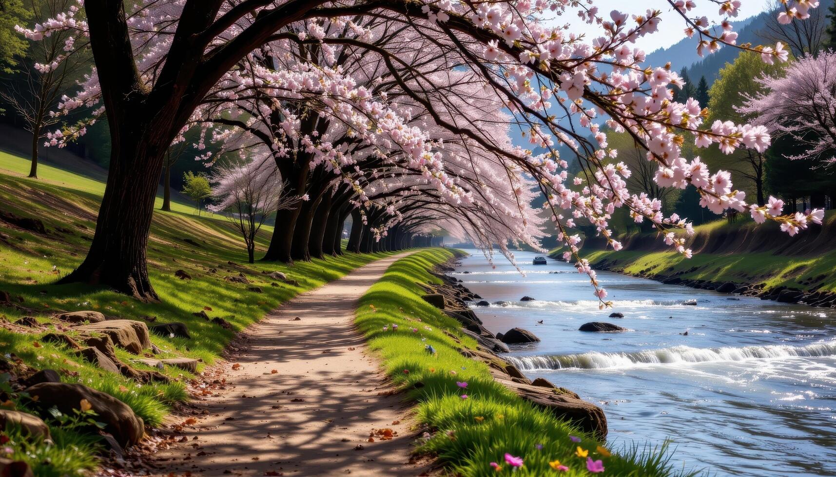 a sloped riverside path lined with trees that drop blossoms into the flowing water. photo