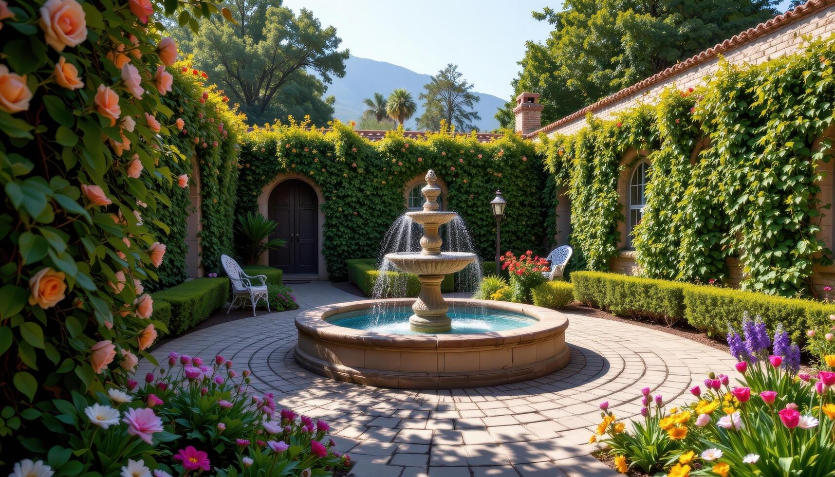 a garden courtyard centered around a fountain and framed with tall flowering hedges. photo