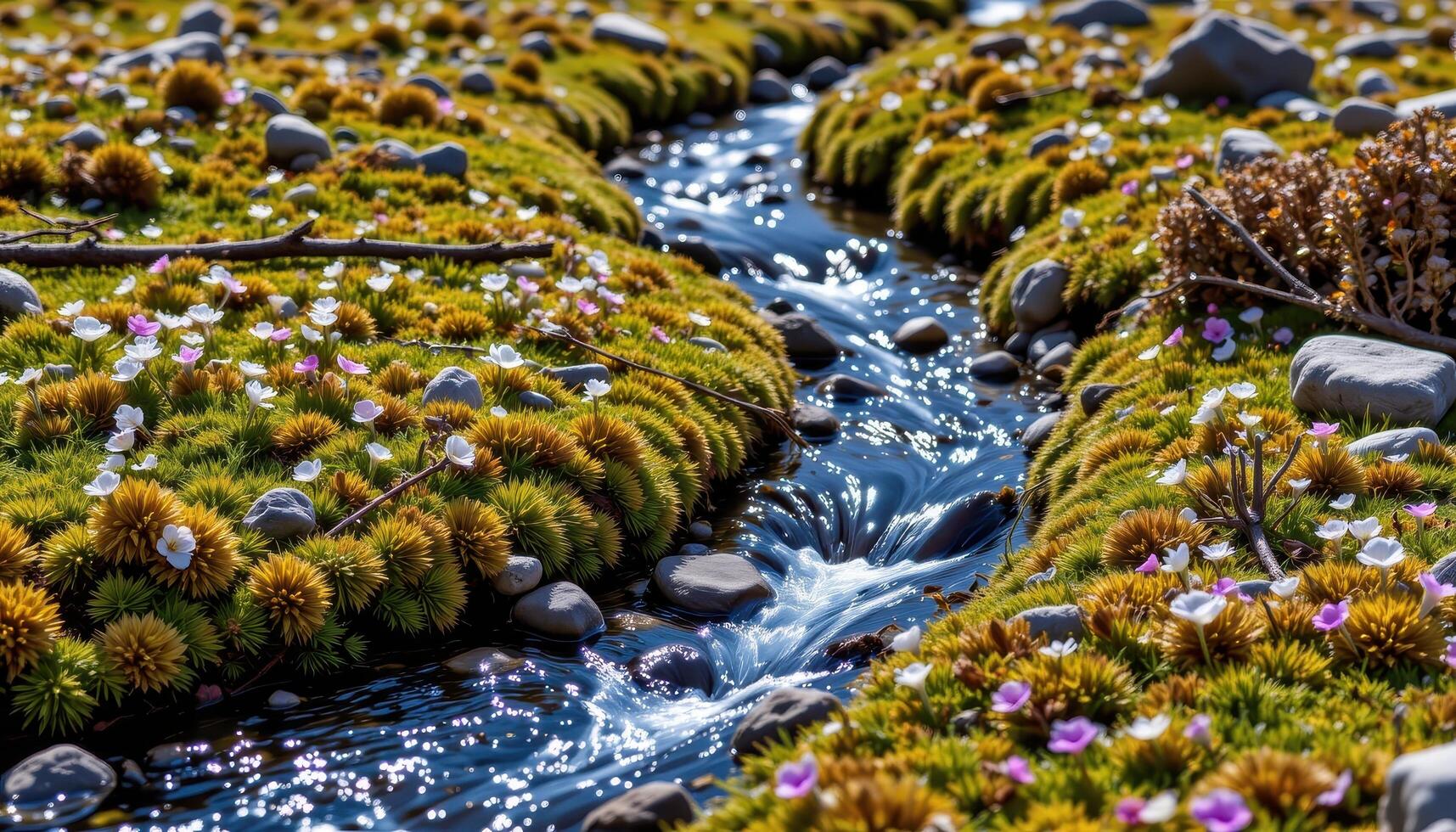 a snowmelt fed stream that winds through a patch of flowering alpine moss and tiny blossoms. photo