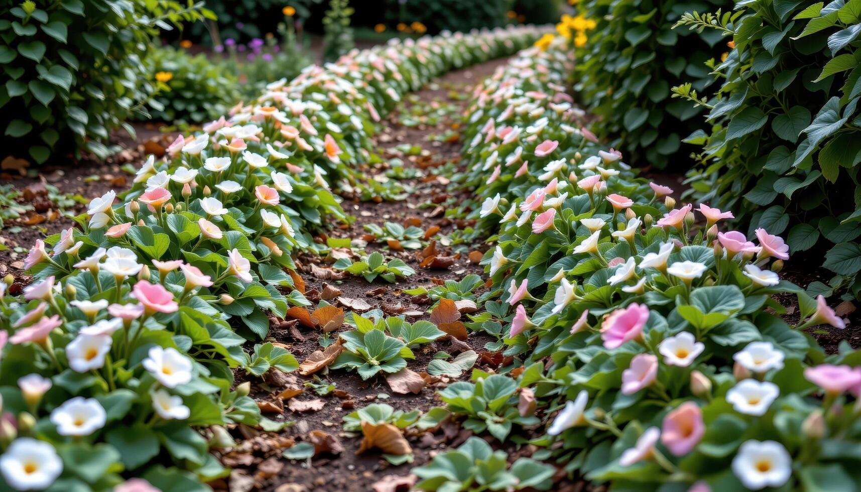 a garden path made entirely of flowering vines laid across the ground like a soft carpet. photo