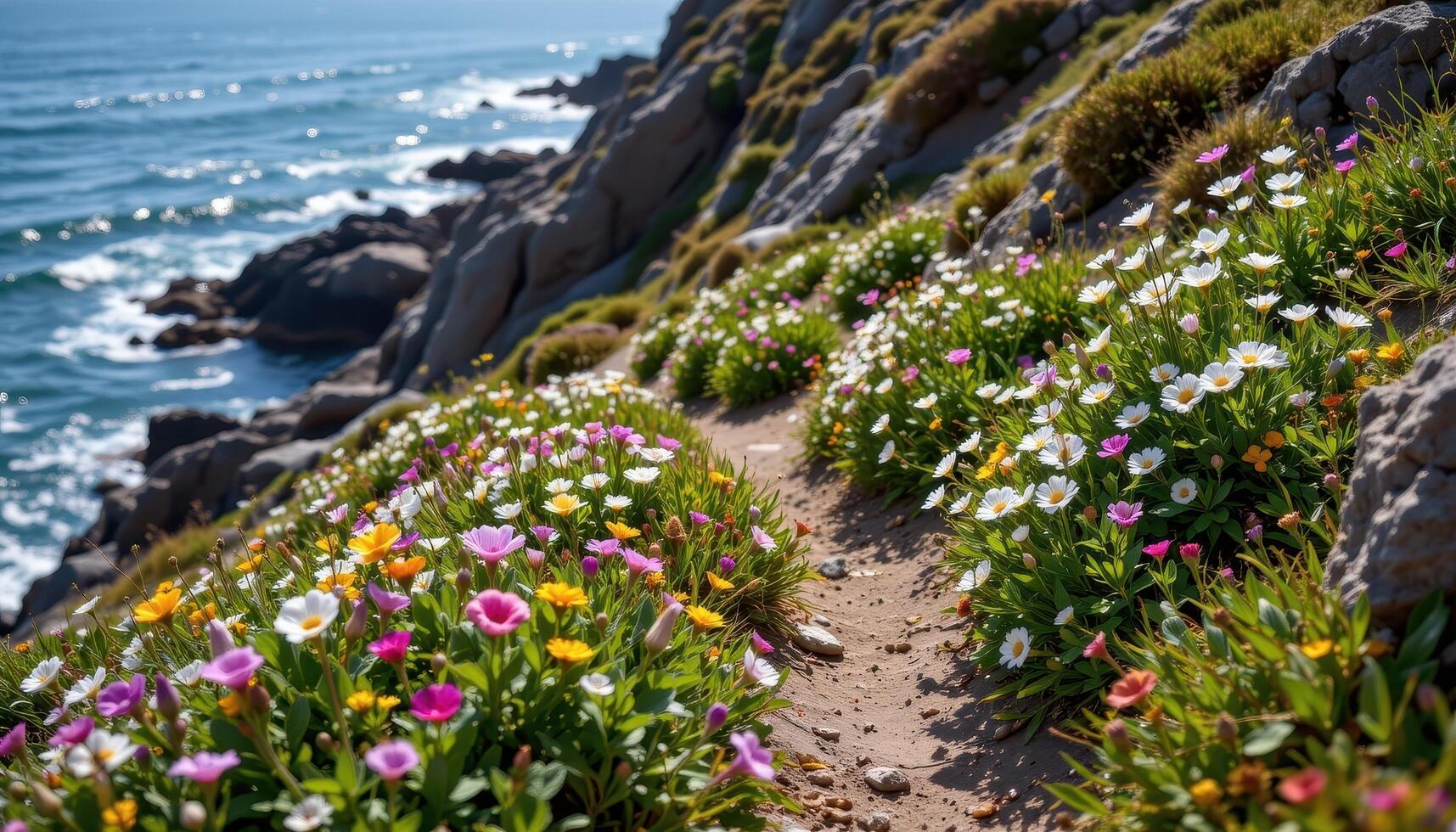 a craggy coastal trail lined with stubborn flowers that thrive in salty air and rocky soil. photo