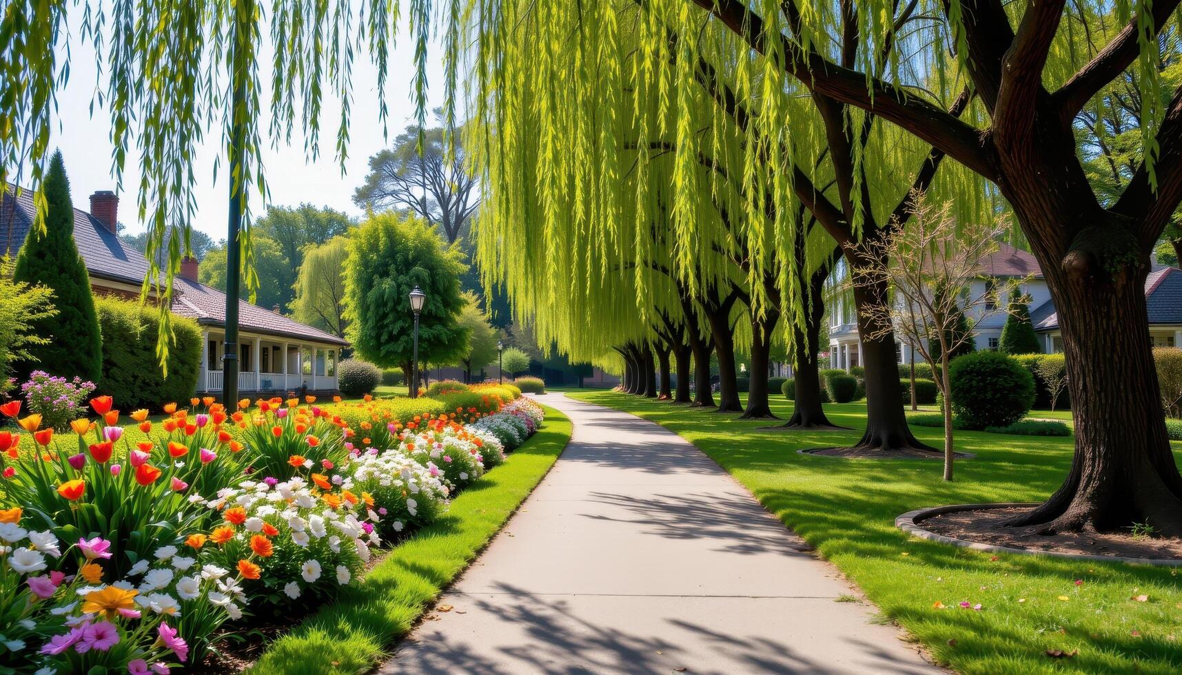 a tranquil park filled with flower lined pathways beneath softly swaying willow trees. photo