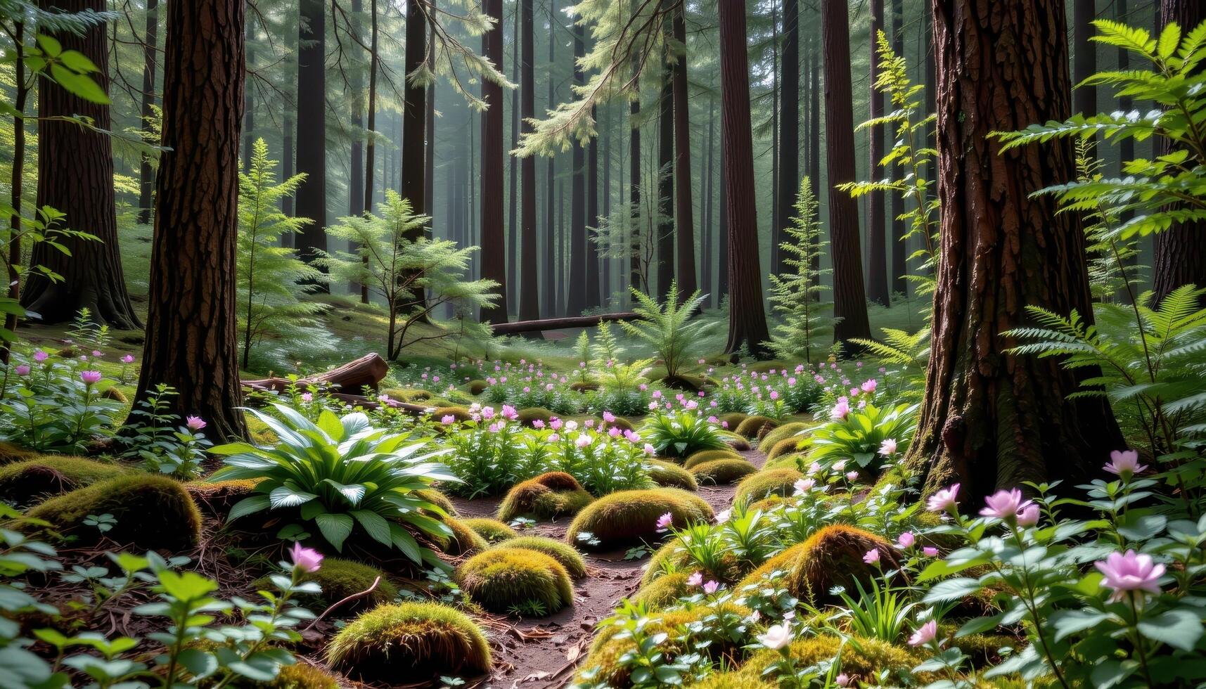 a pine forest opening where flowering ferns and mosses coat the forest floor. photo