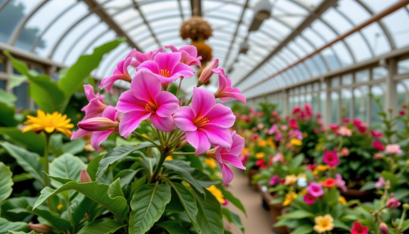 a greenhouse corridor lined with tropical blooms whose fragrance hangs thick in the warm air. photo