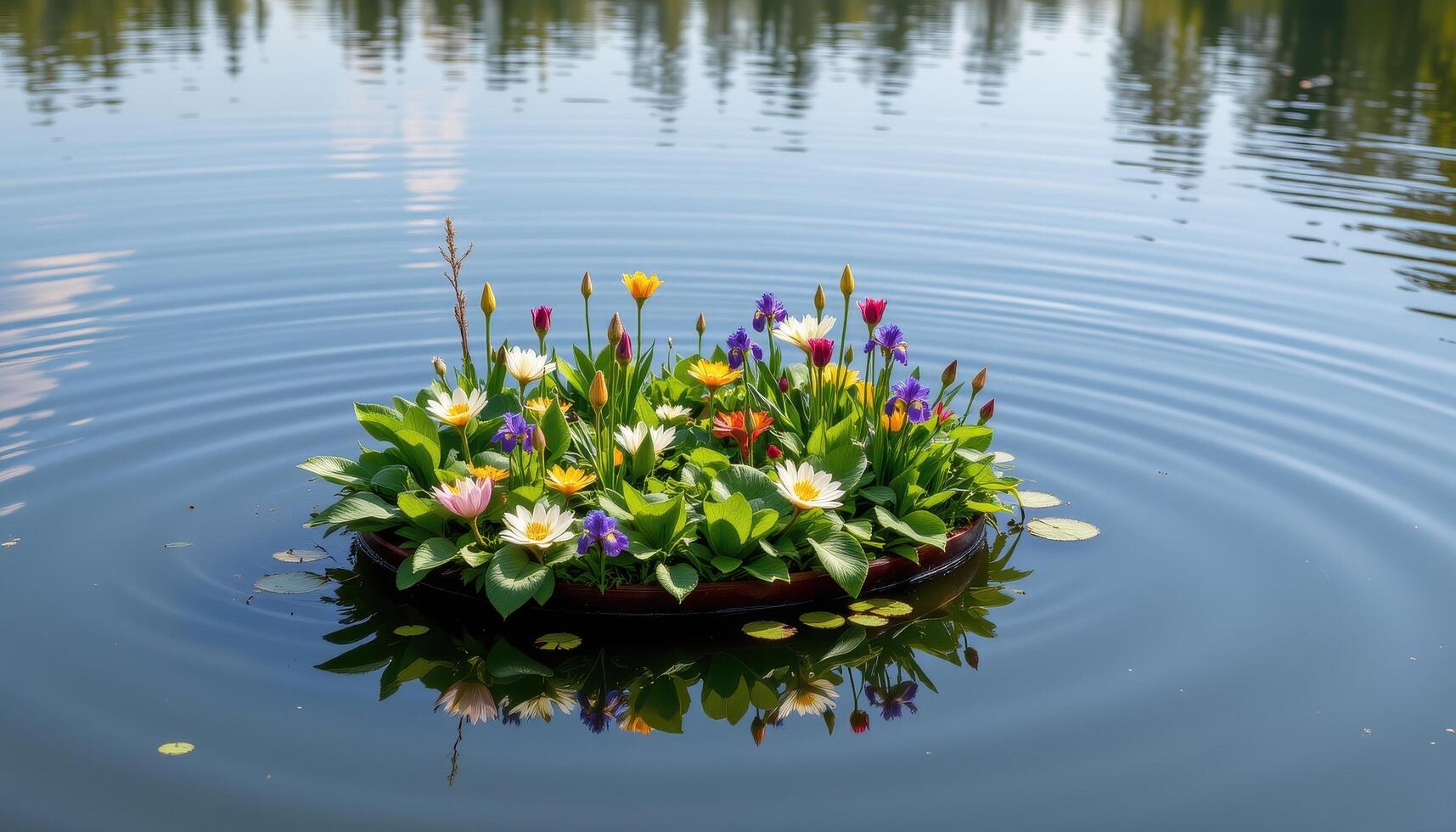 a small floating garden drifting across a calm lake, blooming with lilies and irises. photo